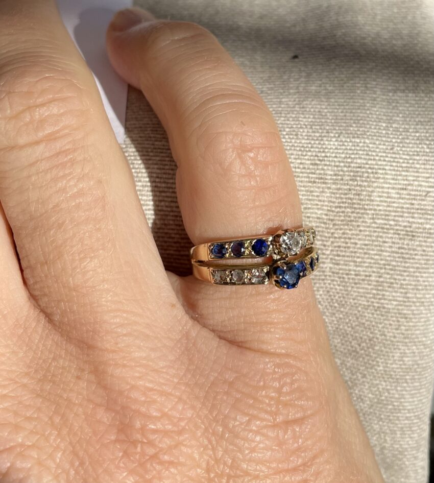 Bague deux anneaux, saphirs et diamants – Image 4