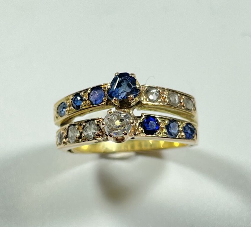 Bague deux anneaux, saphirs et diamants
